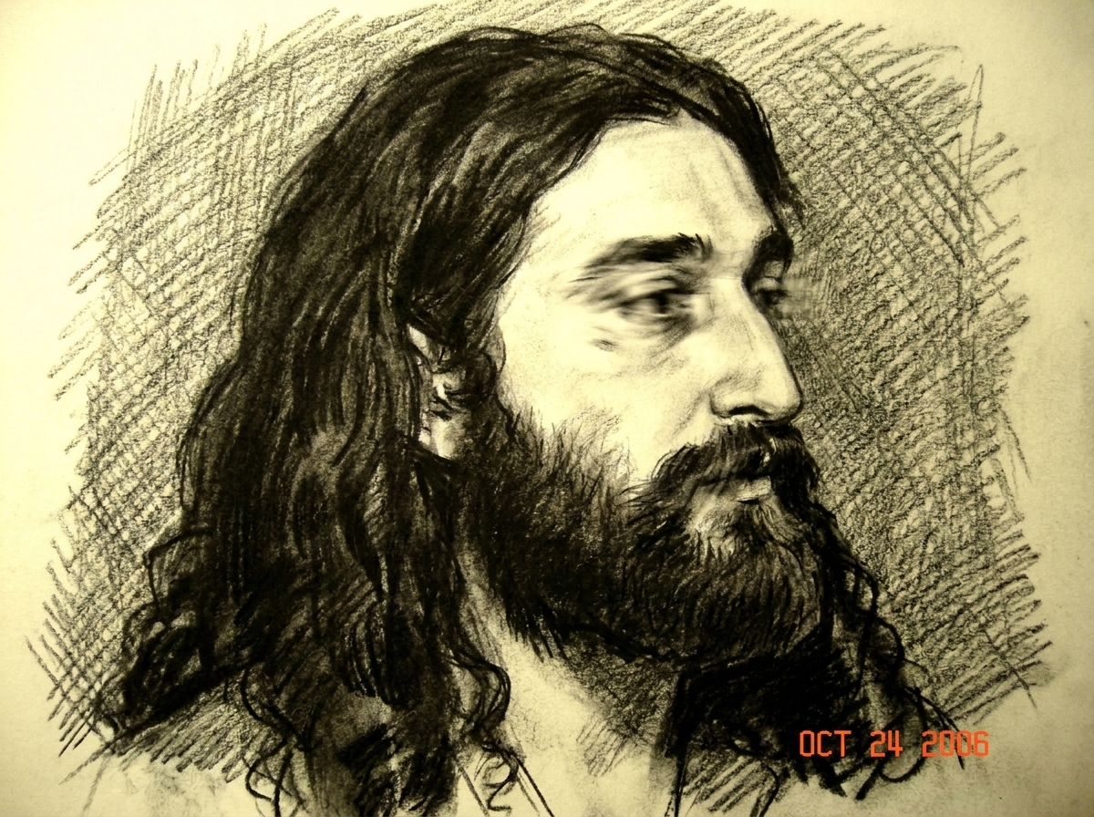 A charcoal sketch on rough textured paper, showing a silhouette-like profile of Gabriel Chantayan's face emerging from a faint, vibrating black-and-white texture - the graphite lines vibrate slightly off the page, with charcoal smudges showing sudden motion blur around the eyes