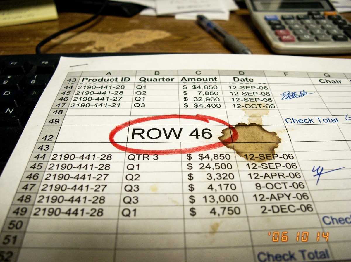 A close-up of a printed spreadsheet with 'ROW 46' circled in red marker, next to a coffee stain
