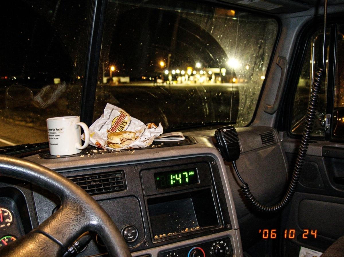 A grainy photo taken at night inside a semi truck cab. The dashboard clock reads 1:47 AM in green digital numbers. A CB radio microphone is propped up on the passenger seat with its coiled cord visible. Through the windshield, the Ogallala weigh station lights are blurry in the distance. A half-eate