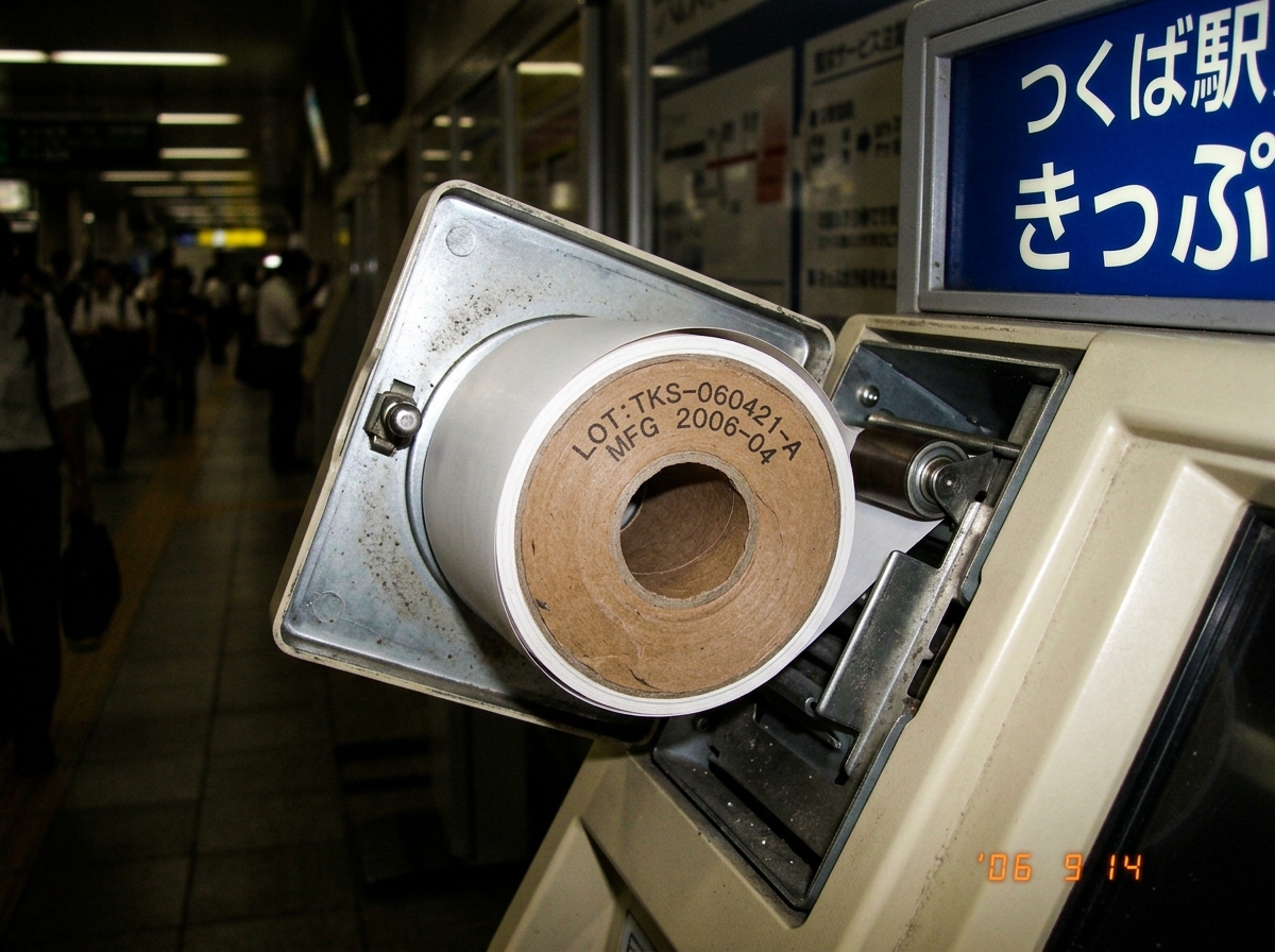 A close-up photo of a thermal paper roll inside a kiosk machine, showing the exposed cardboard core with a visible lot number printed on the inner roll. The kiosk is labeled 'Tsukuba Station' in Japanese characters. The lighting is slightly dim, casting a soft glow on the roll.