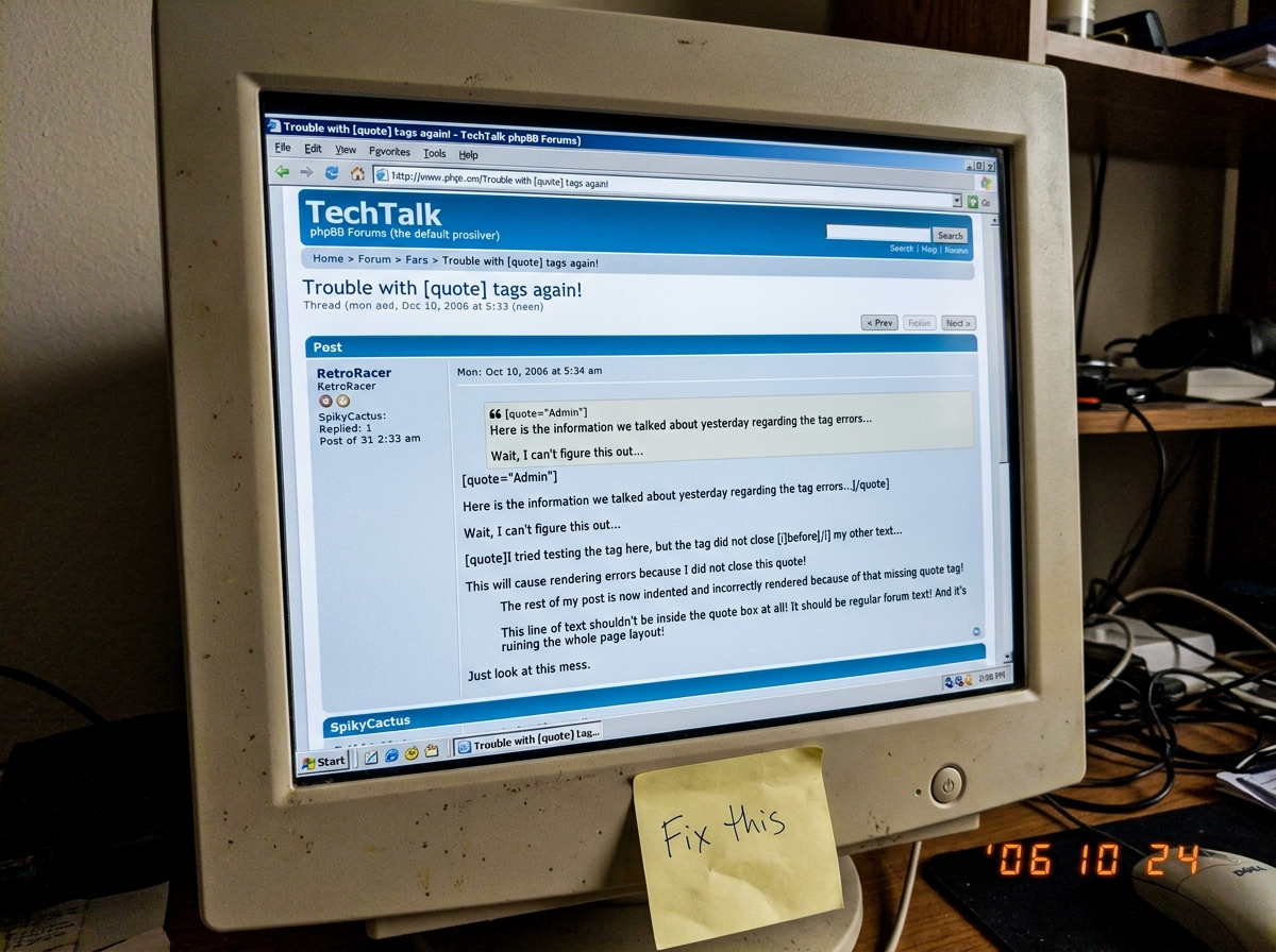 Close-up photo of a computer monitor displaying a phpBB forum page with a clearly visible unclosed quote tag causing text rendering errors. A yellow sticky note on the bezel reads 'fix this'.