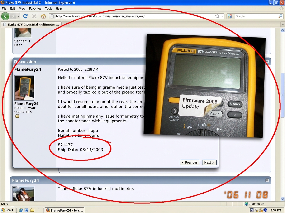A screenshot of a forum post by FlameFury24, with a red circle around the serial number '8xxxx7' and a 2003 ship date, next to a Fluke 87V multimeter with a 2005 firmware sticker partially peeled back to reveal a 2004 silicon date code underneath. The image has drop shadows and a borderline-conspira
