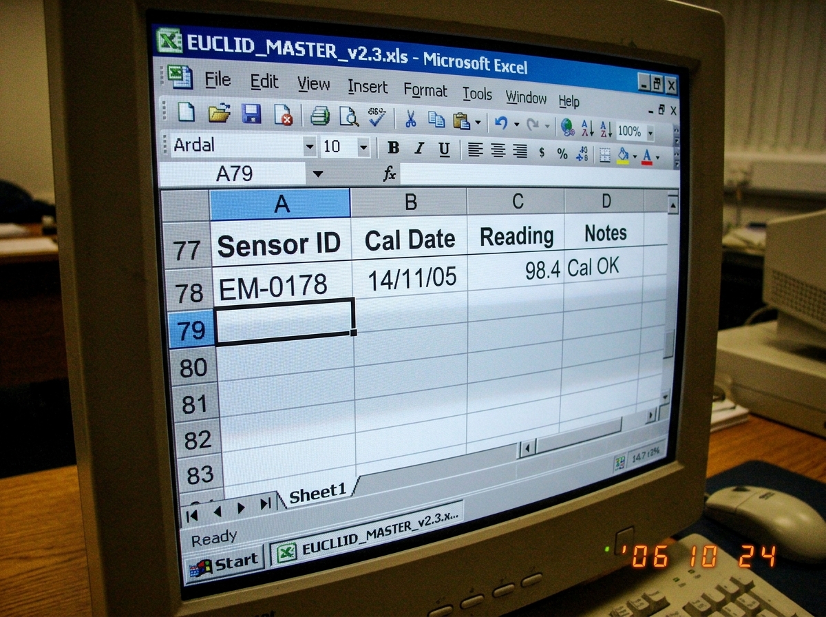 A screenshot of an Excel spreadsheet. The cursor is on row 79 of a sheet. The cells in row 79 are completely empty - no text, no numbers, no formulas. The column headers visible include 'Sensor ID', 'Cal Date', 'Reading', and 'Notes'. The row number 79 is highlighted on the left gutter. The sheet ta