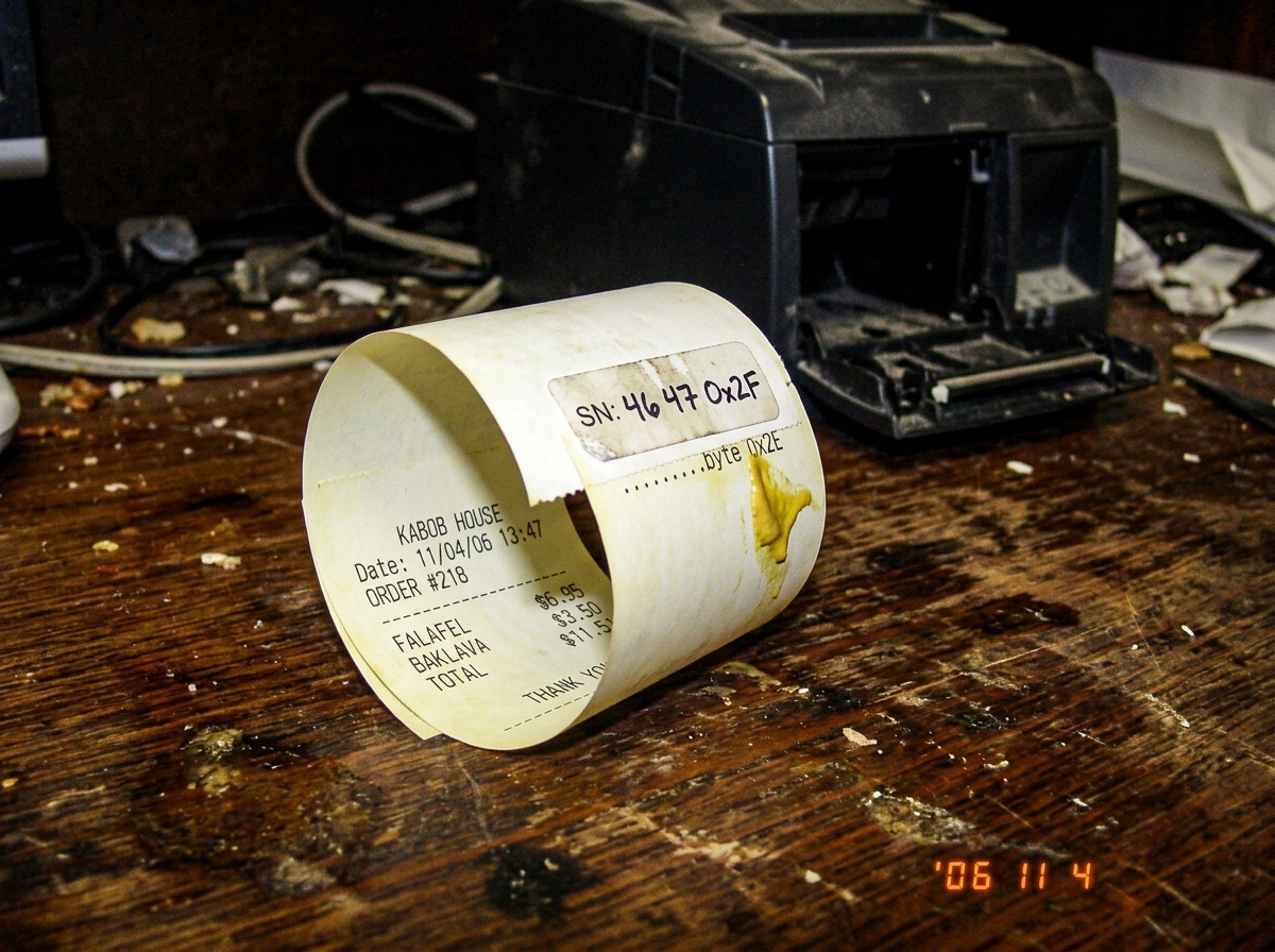 A thermal printer receipt curling on a stained wooden table. Three numbers are visible on the serial sticker - 46, 47, and 0x2F - with a yellow mustard stain at the edge near byte 0x2E. A dead printer sits in the background, its paper tray open.