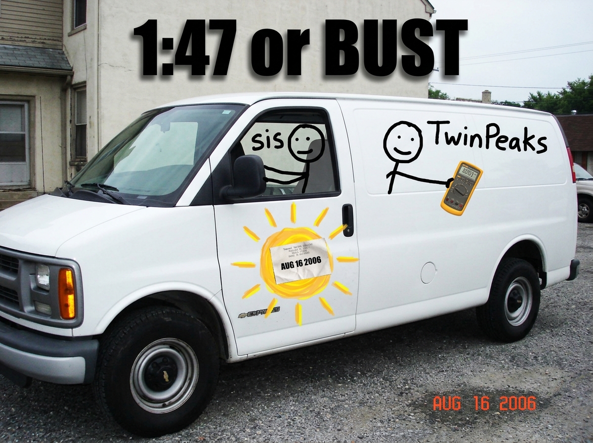 A crudely edited MS Paint image of a white Chevy van with a sun painted on the side. The sun has a receipt taped to it showing 'AUG 16 2006' in bold, and a stick figure labeled 'sis' is driving while another stick figure labeled 'TwinPeaks' holds a Fluke 87V out the window. The text '1:47 or BUST' i