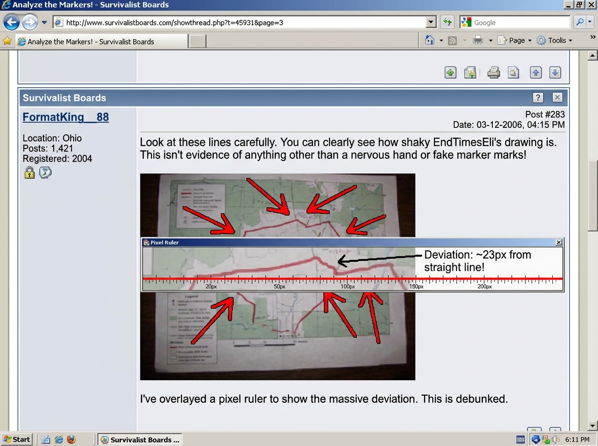 A screenshot of a forum post by FormatKing__88 highlighting EndTimesEli's photo with red arrows pointing to the shaky marker lines, with a ruler overlay showing the deviation in pixels