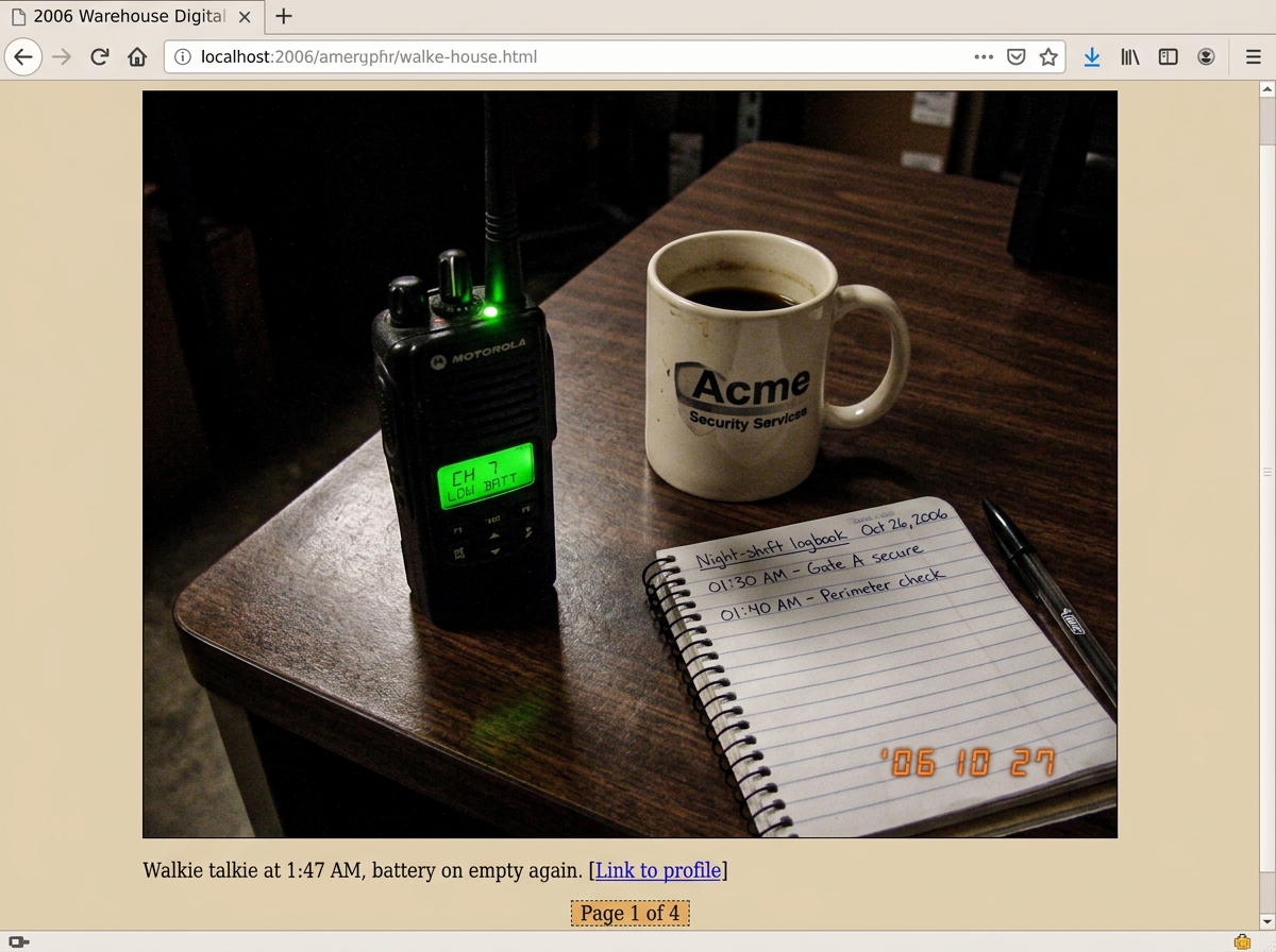 A security guard's green-glowing walkie talkie sitting on a warehouse desk at 1:47 AM, the green LED still bright though the battery indicator shows empty, a coffee cup and night-shift logbook beside it