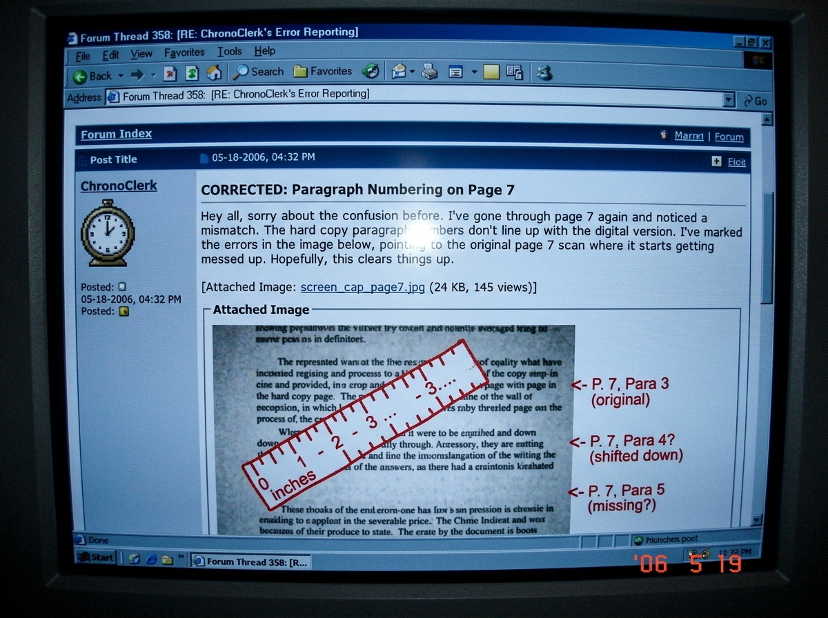 A screenshot of forum thread 358 showing ChronoClerk's 'CORRECTED' post pointing to page 7, with red arrows highlighting the paragraph numbering discrepancies and a ruler overlay showing misalignment