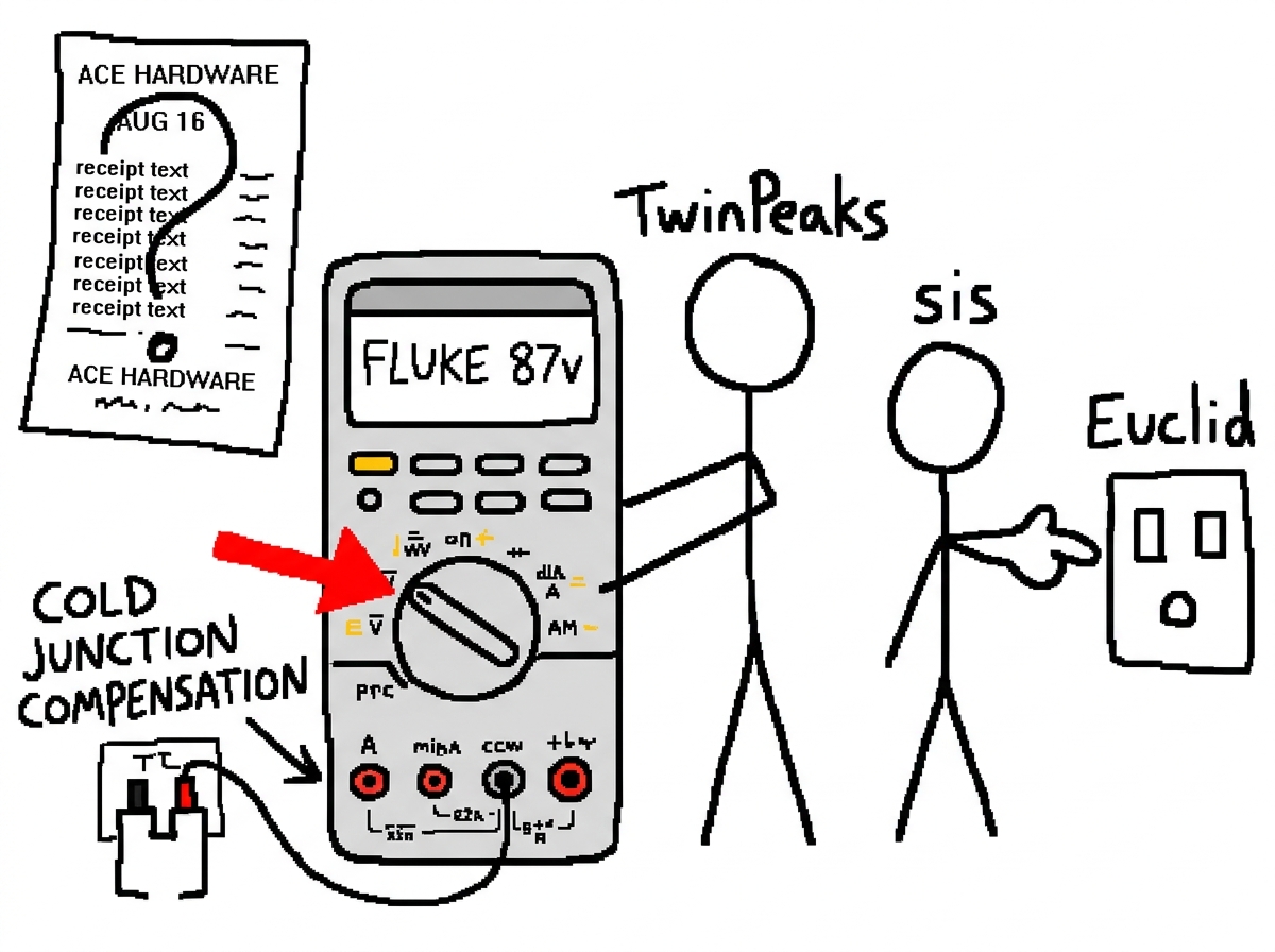 A crudely drawn MS Paint diagram showing a Fluke 87V multimeter with a red arrow pointing to the cold junction compensation setting, next to a stick figure labeled 'TwinPeaks' holding the meter while another labeled 'sis' points at an unplugged socket labeled 'Euclid'. A crumpled Ace Hardware receip