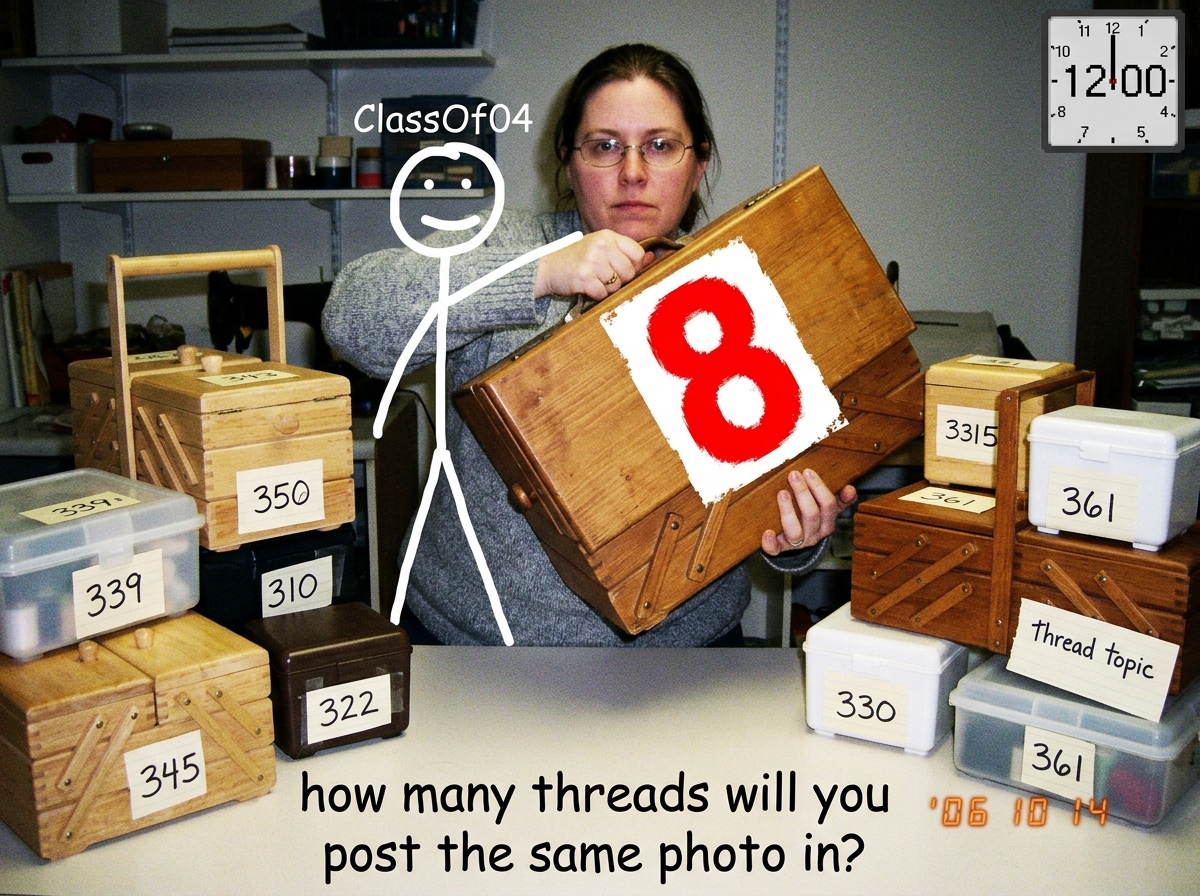 A crudely photoshopped sewing box with a giant red '8' stamped on it, surrounded by smaller sewing boxes each labeled with a thread topic number (339, 350, 343, 316, 322, etc.) and a clock in the corner showing the same time on all of them. Text at the bottom in Comic Sans: 'how many threads will yo