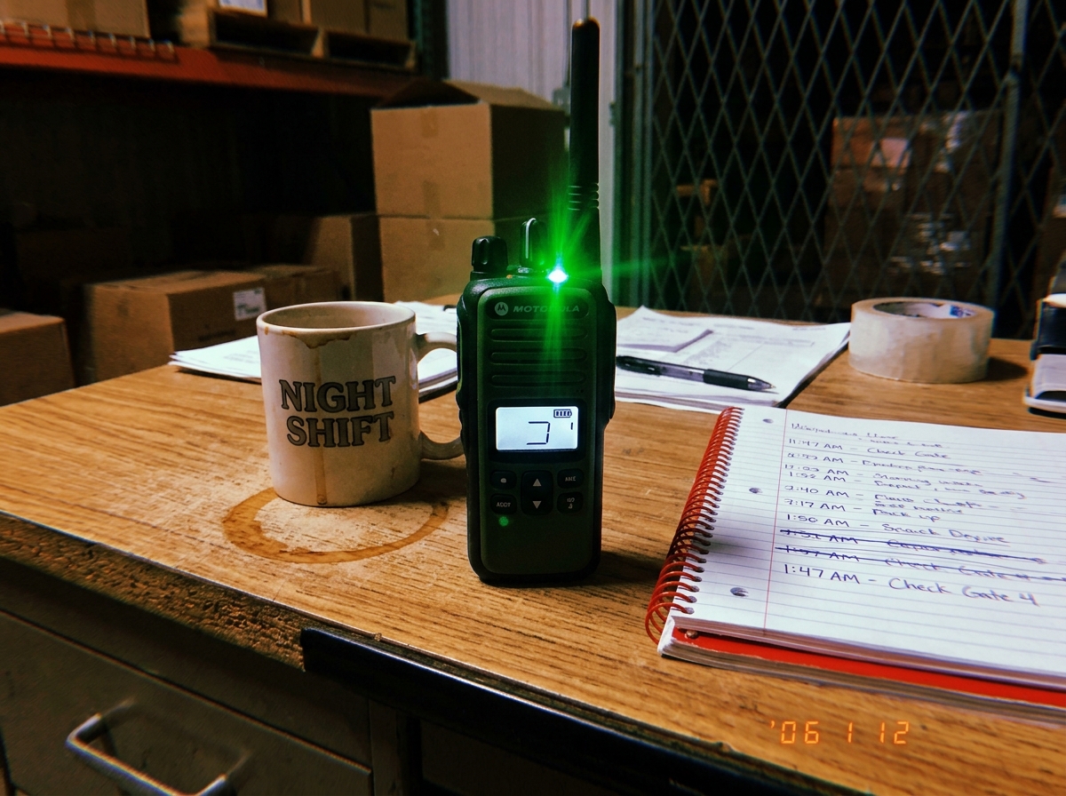 A security guard's green-glowing walkie talkie sitting on a warehouse desk at 1:47 AM, the green LED still bright though the battery indicator shows empty, a coffee cup and night-shift logbook beside it