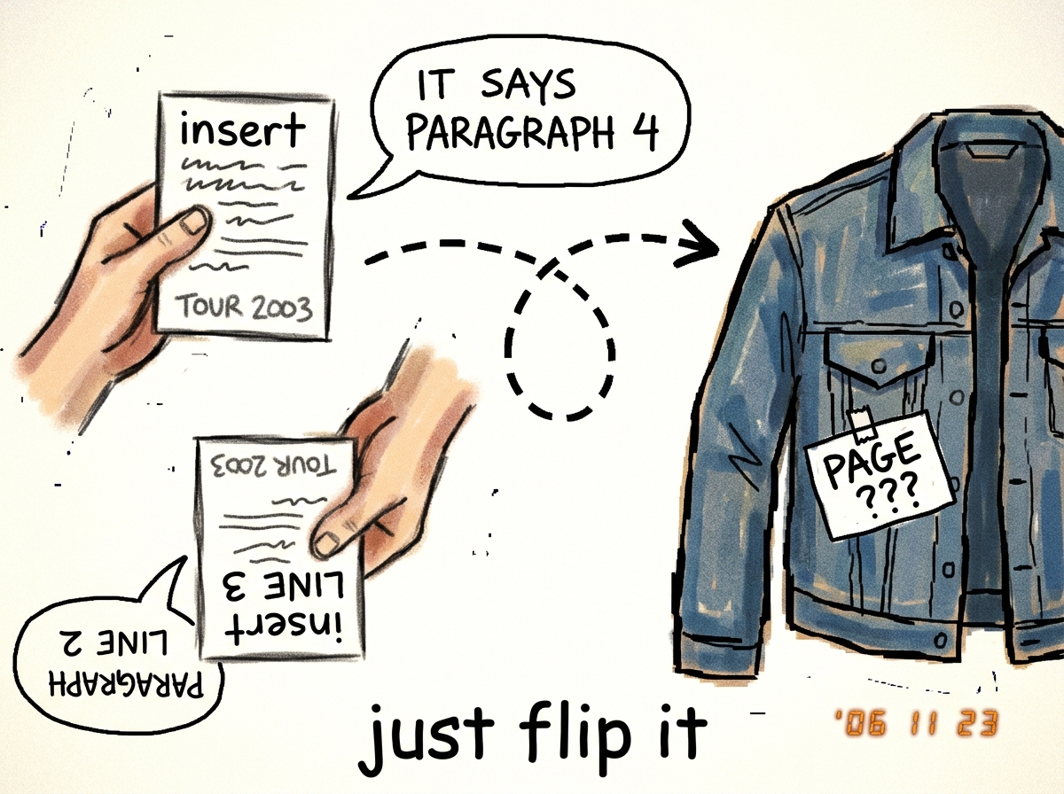 A crudely drawn MS Paint illustration of the same 2003 tour insert held two ways - one hand holding it right side up and one hand holding it upside down - with speech bubbles 'IT SAYS PARAGRAPH 4' and 'PARAGRAPH 3 LINE 2' respectively, alongside a dashed arrow spiraling to a denim jacket tagged with