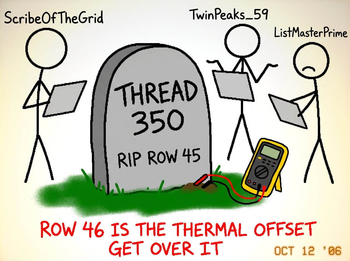 A crude MS Paint drawing of a gravestone labeled 'THREAD 350' with 'RIP ROW 45' carved on it, surrounded by stick figures labeled 'ScribeOfTheGrid', 'TwinPeaks_59', and 'ListMasterPrime' all holding empty spreadsheets. A Fluke 87V is plugged into the grave dirt. Text at the bottom in red: 'ROW 46 IS