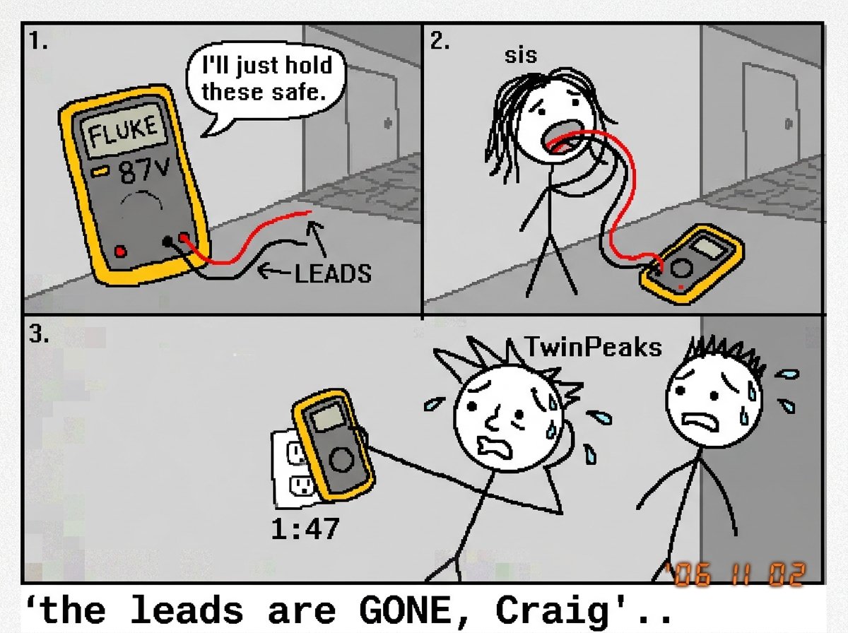 A crudely drawn MS Paint comic with three panels. Panel 1: a Fluke 87V multimeter with cables labeled 'LEADS' and a speech bubble 'I'll just hold these safe'. Panel 2: a stick figure labeled 'sis' swallowing the cables whole while the meter sits on a hallway floor. Panel 3: a stick figure labeled 'T