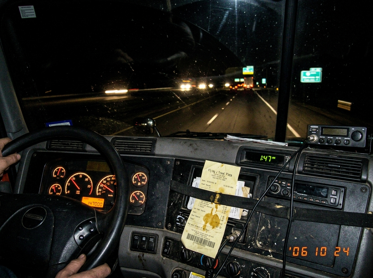 A grainy dash-clock photo taken in a rolling truck cab at night, the odometer glowing 147000 and the clock reading 1:47, with a mustard-stained gas station receipt tucked under the dash strap and the open road's headlights blurring ahead.