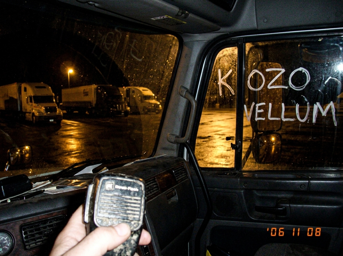 A snapshot from the cab of a big rig parked at a rest stop at night, a CB radio mic in hand, the words 'KOZO VELLUM' scrawled in grease pencil on a greasy window by a parked trucker, headlights pooling on wet asphalt.
