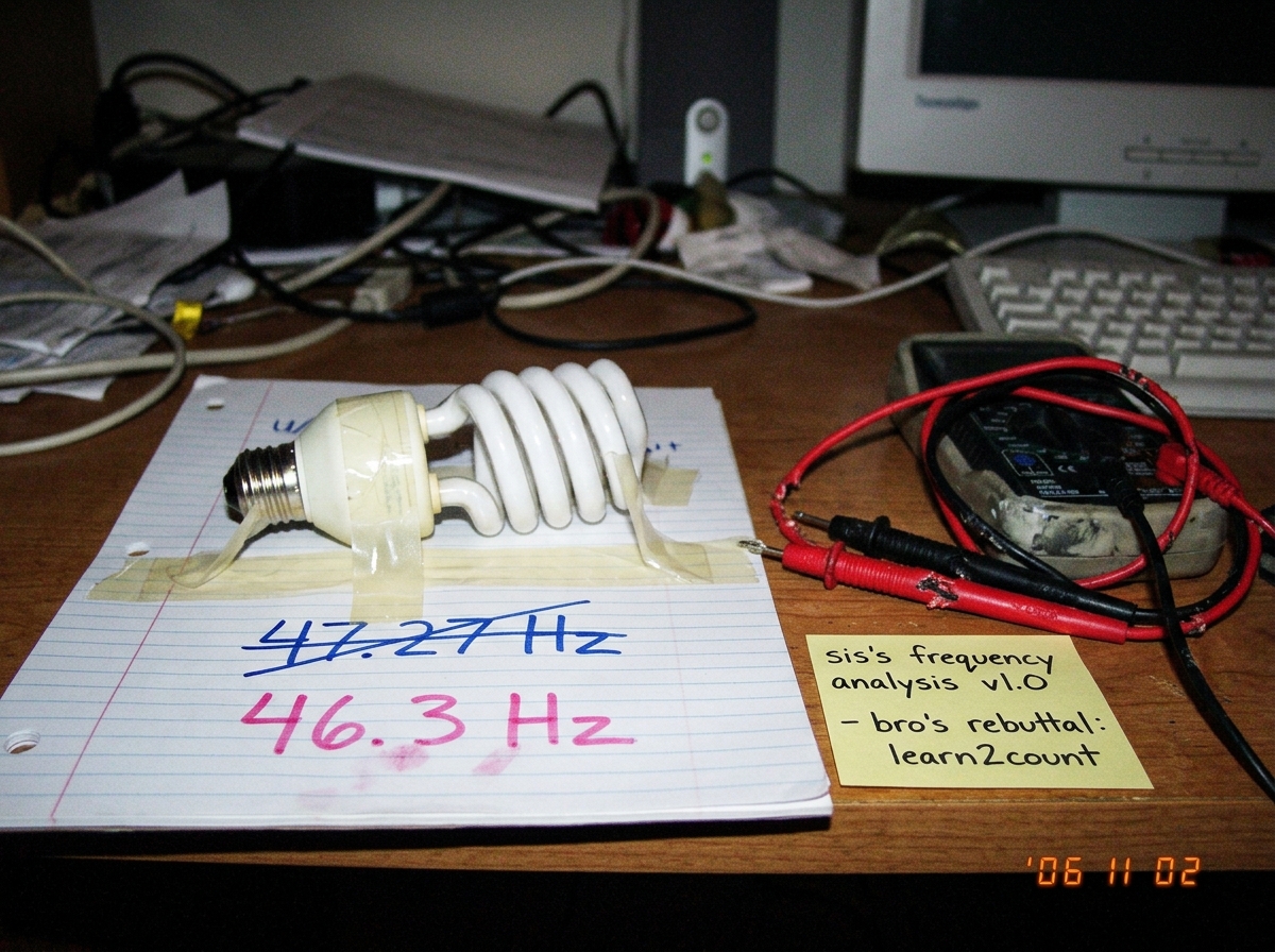 A blurry webcam photo of a bedroom desk. On it sits a dead CFL lightbulb taped to a piece of notebook paper with '46.3 Hz' written in pink marker and '47.27 Hz' written in blue marker crossed out. A pair of chewed-up multimeter leads with bite marks lies next to it. A sticky note reads: 'sis's frequ