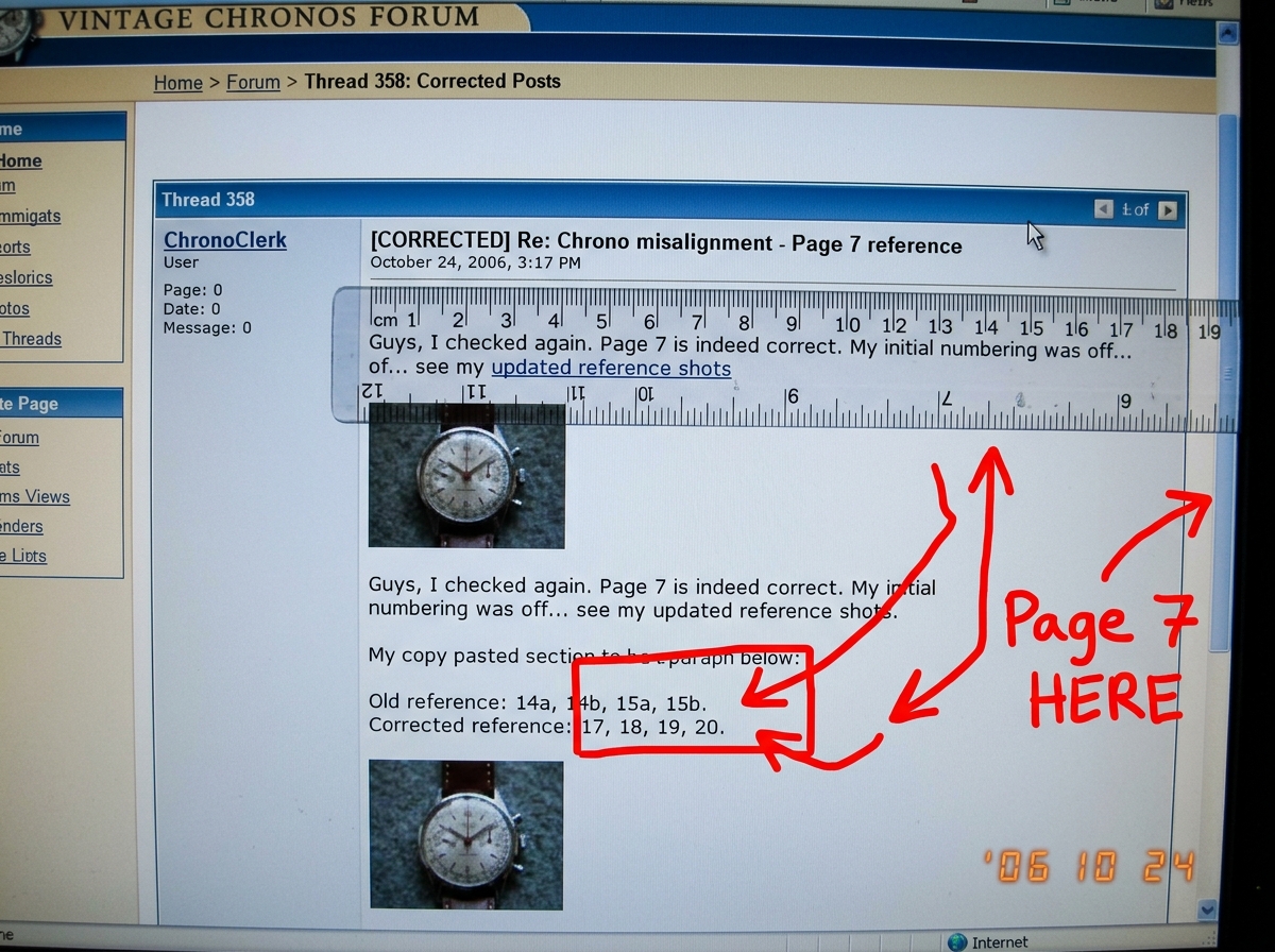 A screenshot of forum thread 358 showing ChronoClerk's 'CORRECTED' post pointing to page 7, with red arrows highlighting the paragraph numbering discrepancies and a ruler overlay showing misalignment