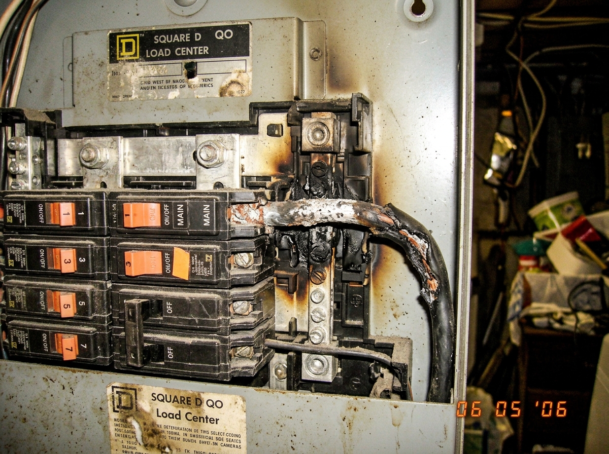 Close-up photo of an old Square D QO series breaker panel with visible scorch marks around the main bus bar area, showing corroded aluminum connection points and exposed wire insulation.