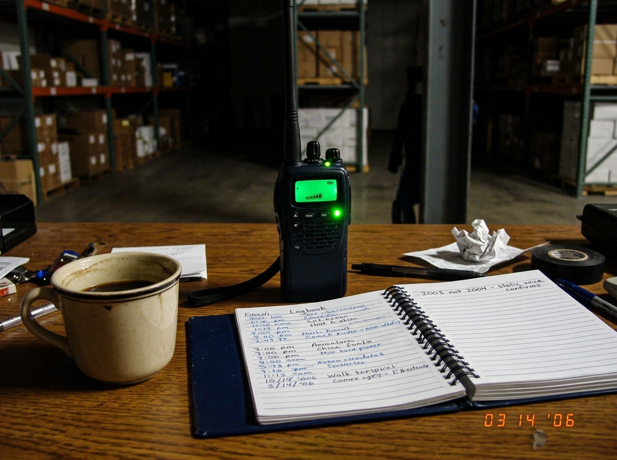 Security guard's green-glowing walkie talkie on warehouse desk at 1:47 AM, battery indicator empty but green LED bright, coffee cup and night-shift logbook, with handwritten note saying '2003 not 2004 - static voice confirms'