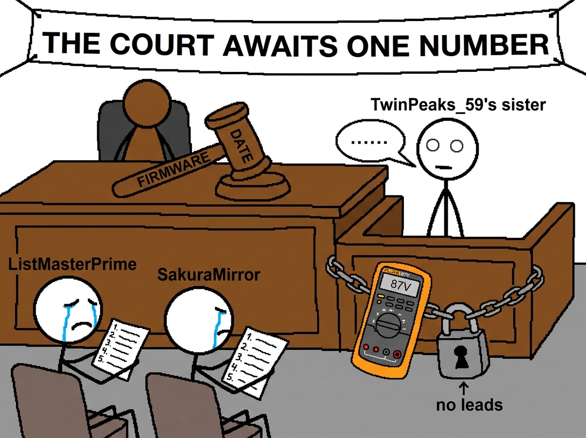 A crudely drawn MS Paint image showing a courtroom scene. A judge's gavel labeled 'FIRMWARE DATE' sits on a desk. In the witness box stands a stick figure labeled 'TwinPeaks_59's sister' with blank circles for eyes and a speech bubble that says '......'. In the audience, stick figures labeled 'ListM