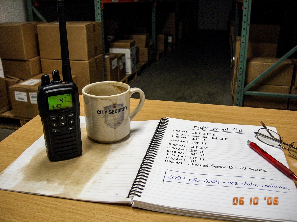 Security guard's walkie talkie on warehouse desk at 1:47 AM showing green LED glow, coffee cup, night-shift logbook open to page marked 'night count 48', handwritten note in Portuguese: '2003 não 2004 - voz static confirma', battery indicator showing empty
