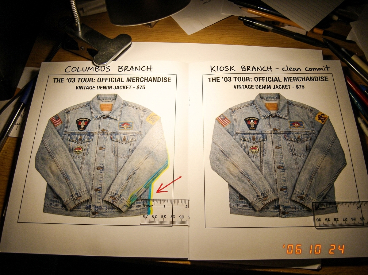 A close-up scan of a 2003 tour program insert open to the denim jacket page, held under a desk lamp at a grazing angle. Two copies side by side - the left copy (Columbus merch table) shows yellow registration ink bleeding 2mm past the denim jacket sleeve into the margin, with a red arrow marking the