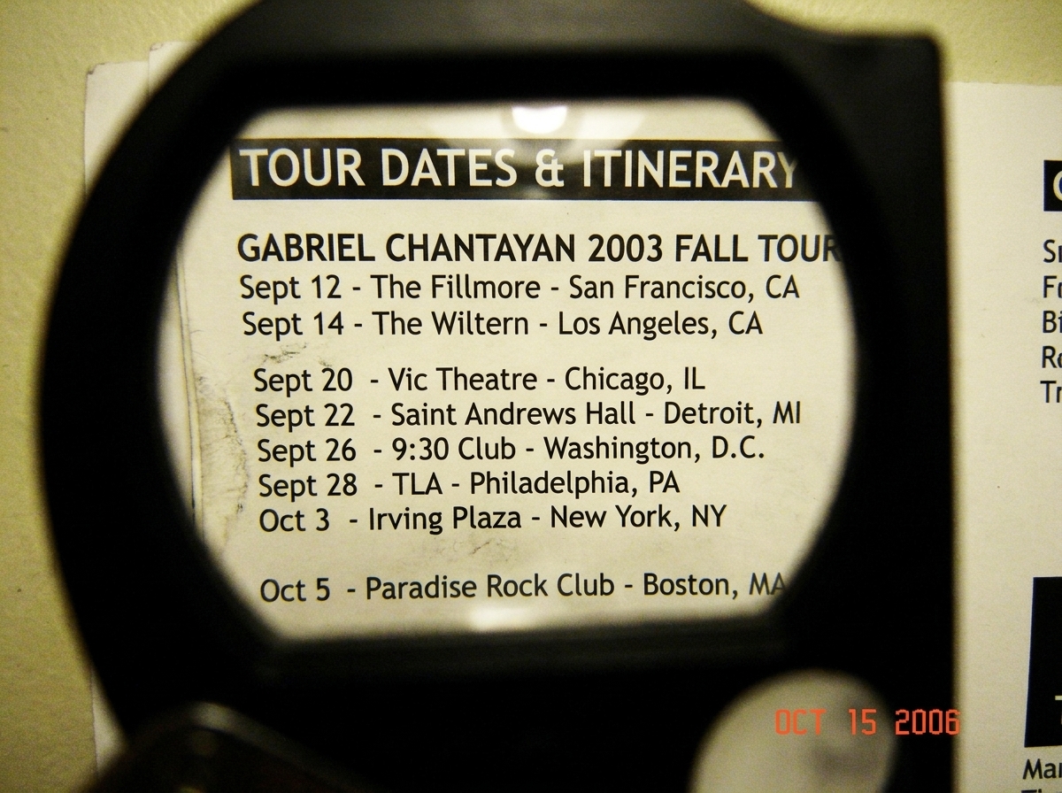 A detailed scan of page 14 from a printed 2003 Gabriel Chantayan tour program. The text is clean, high contrast, and covers the 'Tour Dates & Itinerary' section, listing venues and performance times. No denim jacket mentions are visible; the layout is consistent with the rest of the insert. The back