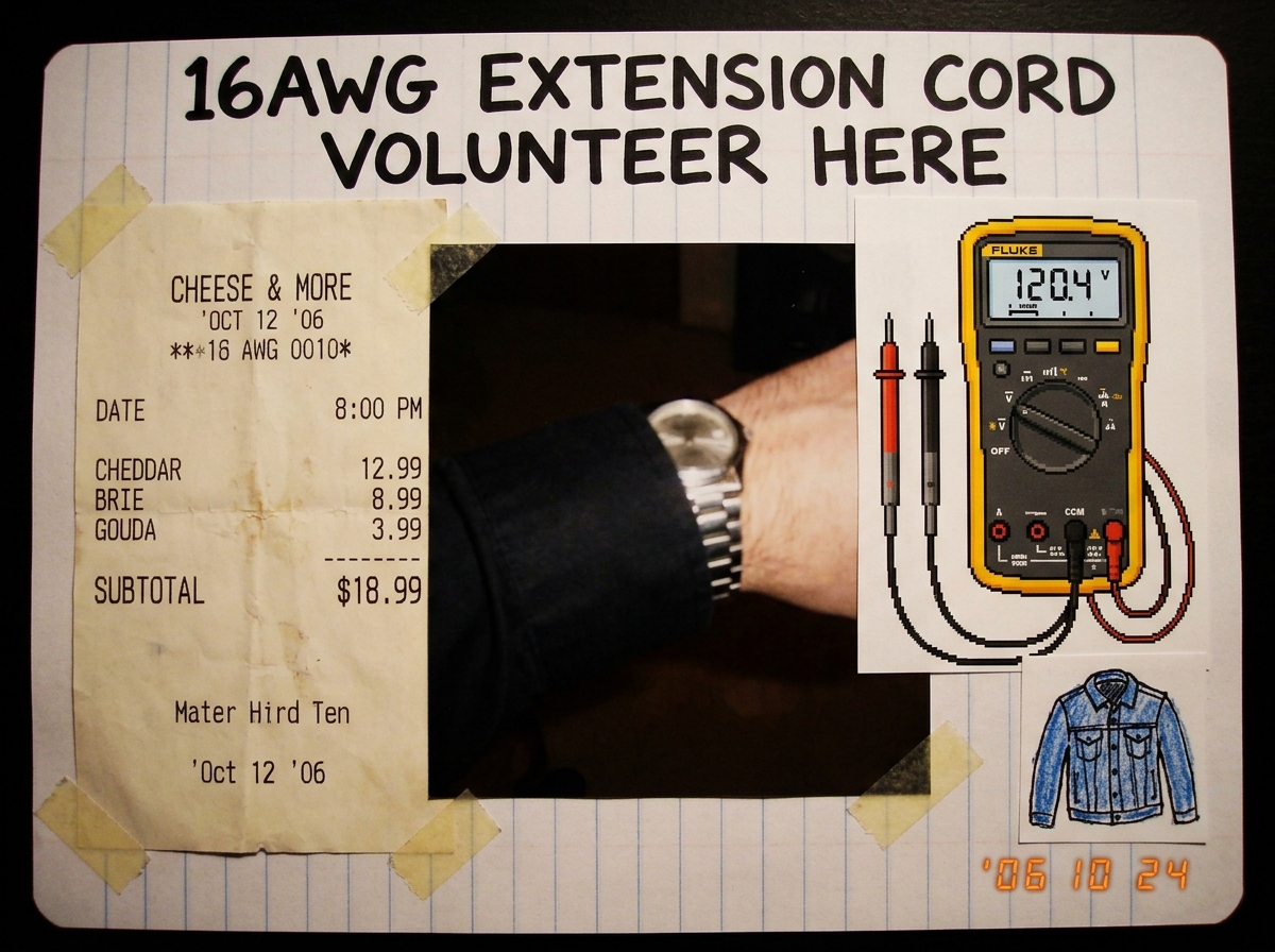 A shrine collage made from a cheese receipt, a cuff photo, and Fluke multimeter clipart, titled '16AWG EXTENSION CORD VOLUNTEER HERE' with a tiny denim jacket drawn in the corner