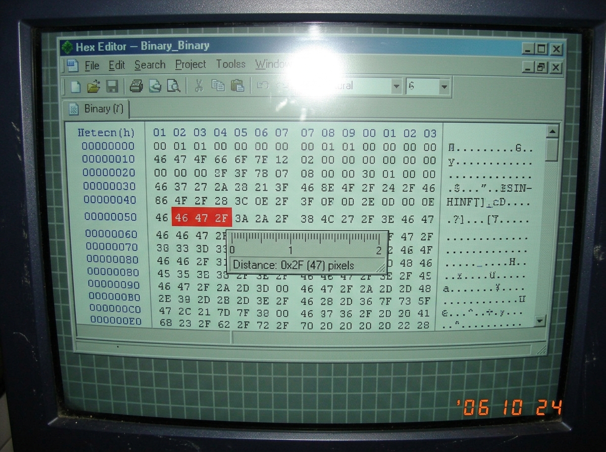 A screenshot of a hex editor showing a binary file with the bytes '46 47 2F' highlighted in red, with a ruler tool measuring the distance between them as exactly 0x2F (47) pixels. The background is a grid of 47x47 pixel squares.