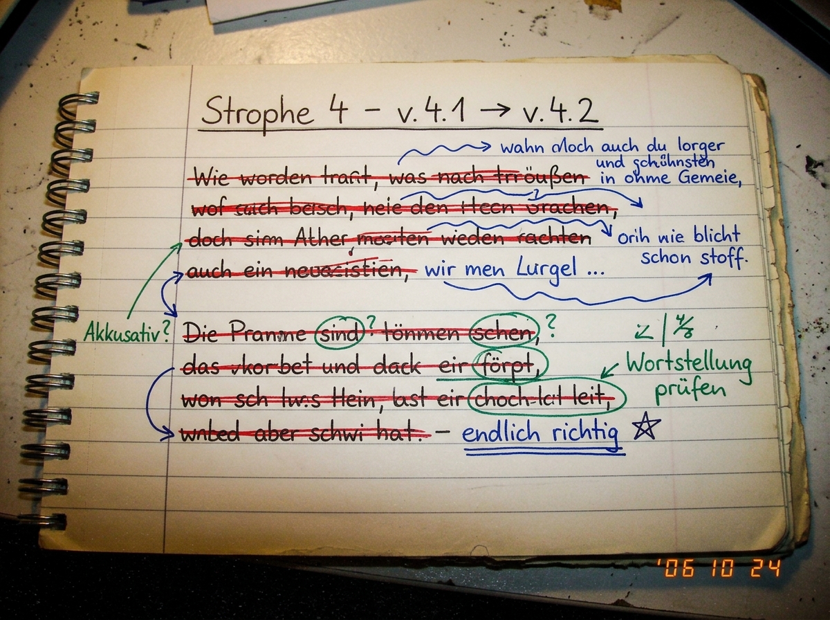 A close-up photo of a notebook page with handwritten German text, heavily annotated in three colors of pen. Lines of poetry are crossed out with red ink, with blue ink arrows and insertions adding new lines in the margins. A green pen marks grammatical notes like 'Akkusativ?' and 'Wortstellung prüfe