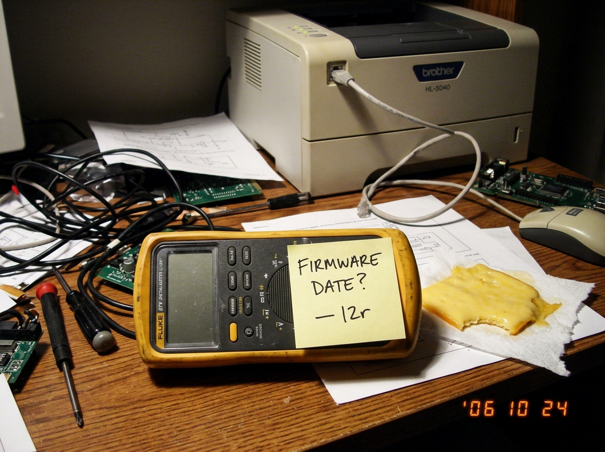 A Fluke 87V multimeter lying on its back on a messy desk next to a half-eaten microwaved gouda cheese slice. The meter screen is blank. A sticky note on the meter reads 'FIRMWARE DATE? — l2r'. In the background, a Brother HL-5040 printer with an ethernet cable dangling. The photo is poorly lit and s