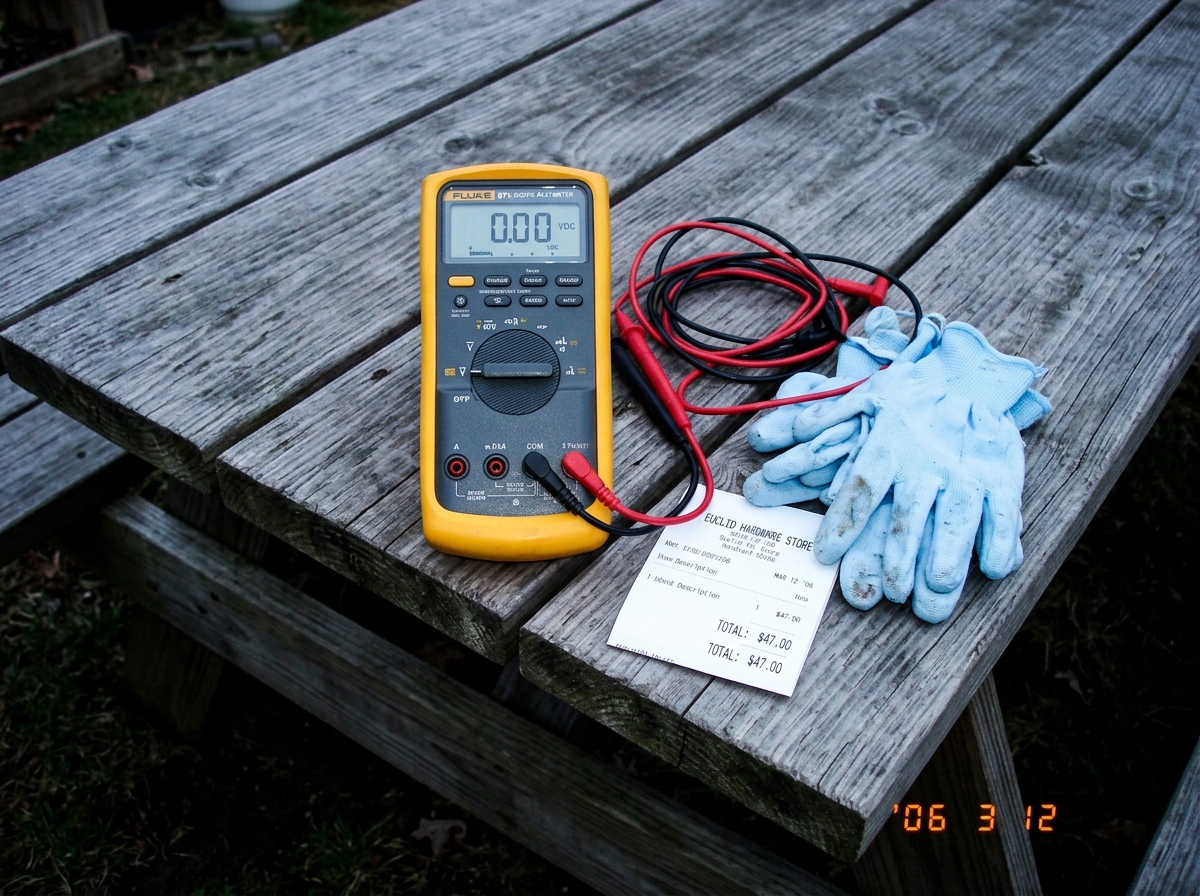 A Fluke 87V digital multimeter sitting on a wooden picnic table with red and black probe leads coiled beside it, next to a small pile of florist gloves and a receipt from the Euclid hardware store showing a single light bulb priced at $47.00 with no item description.