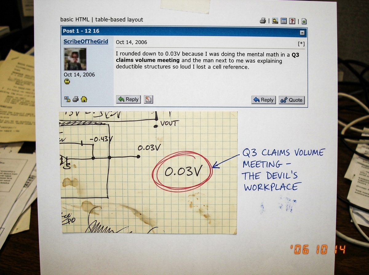 A screenshot of a forum post by ScribeOfTheGrid reading 'I rounded down to 0.03V because I was doing the mental math in a Q3 claims volume meeting and the man next to me was explaining deductible structures so loud I lost a cell reference.' Below it, a hand-drawn diagram on graph paper showing the v