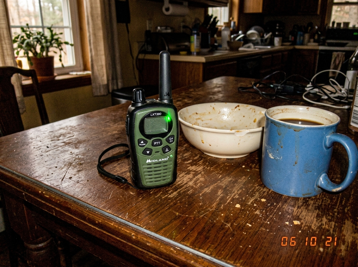A small green-glow walkie talkie resting on a worn wooden kitchen table next to an empty soup bowl and a coffee mug, lit by late afternoon window light, showing the faint green pulse LED just flickering on