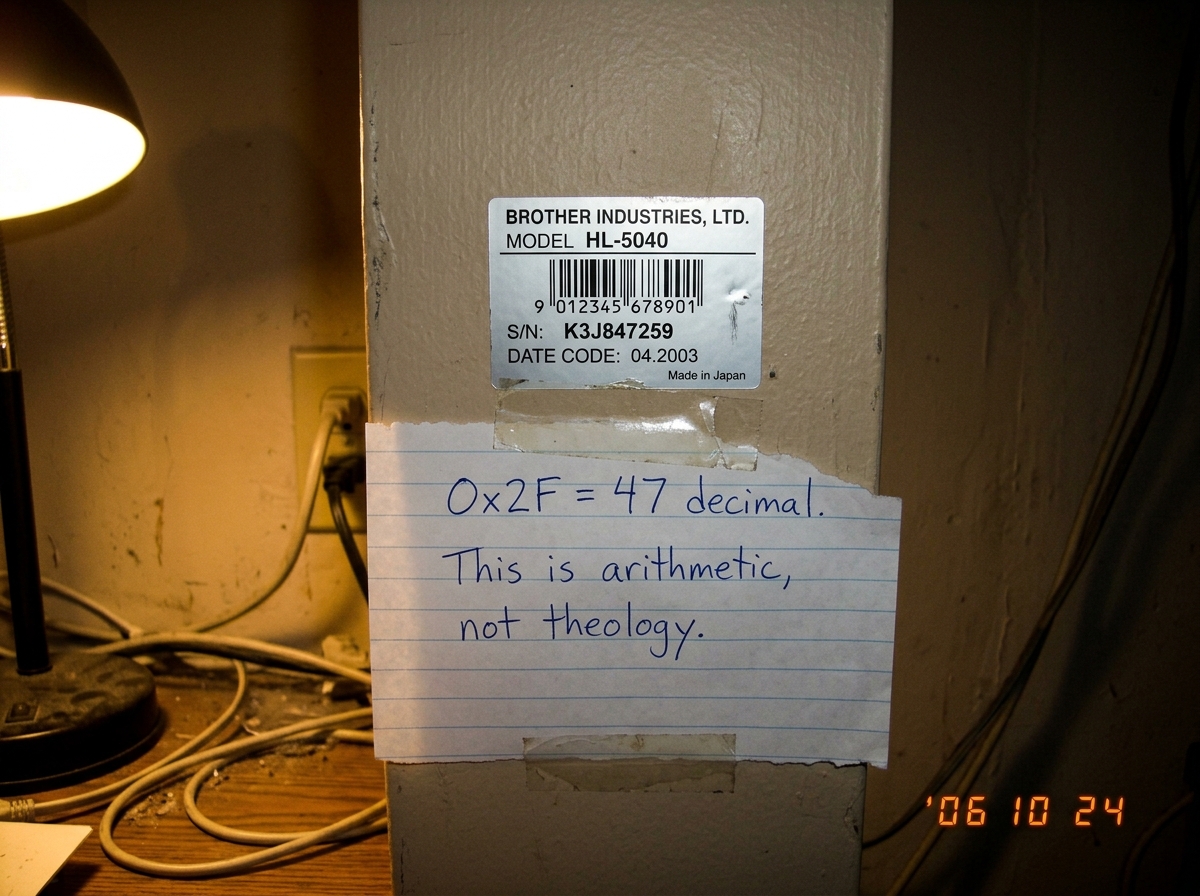 A close-up photo of a Brother HL-5040 printer's serial plate against a beige wall, poorly lit with a desk lamp. The sticker shows a barcode, model number, serial number, and date code. A piece of notebook paper is taped below it with handwritten text: '0x2F = 47 decimal. This is arithmetic, not theo