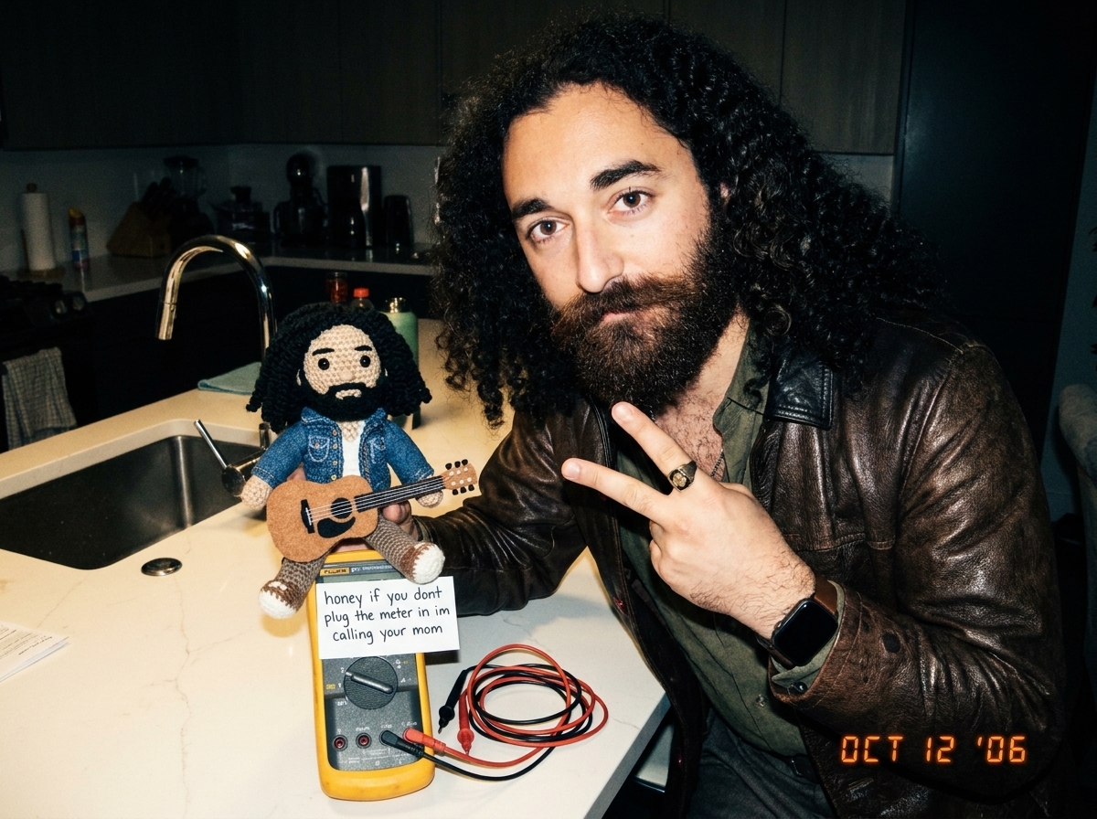 A small crocheted Gabe-able doll wearing a tiny denim jacket sitting on top of a Fluke 87V digital multimeter, the needle-probe leads coiled neatly beside it, with a hand-written note that reads 'honey if you dont plug the meter in im calling your mom' tucked under the Gabe-able's little felt guitar