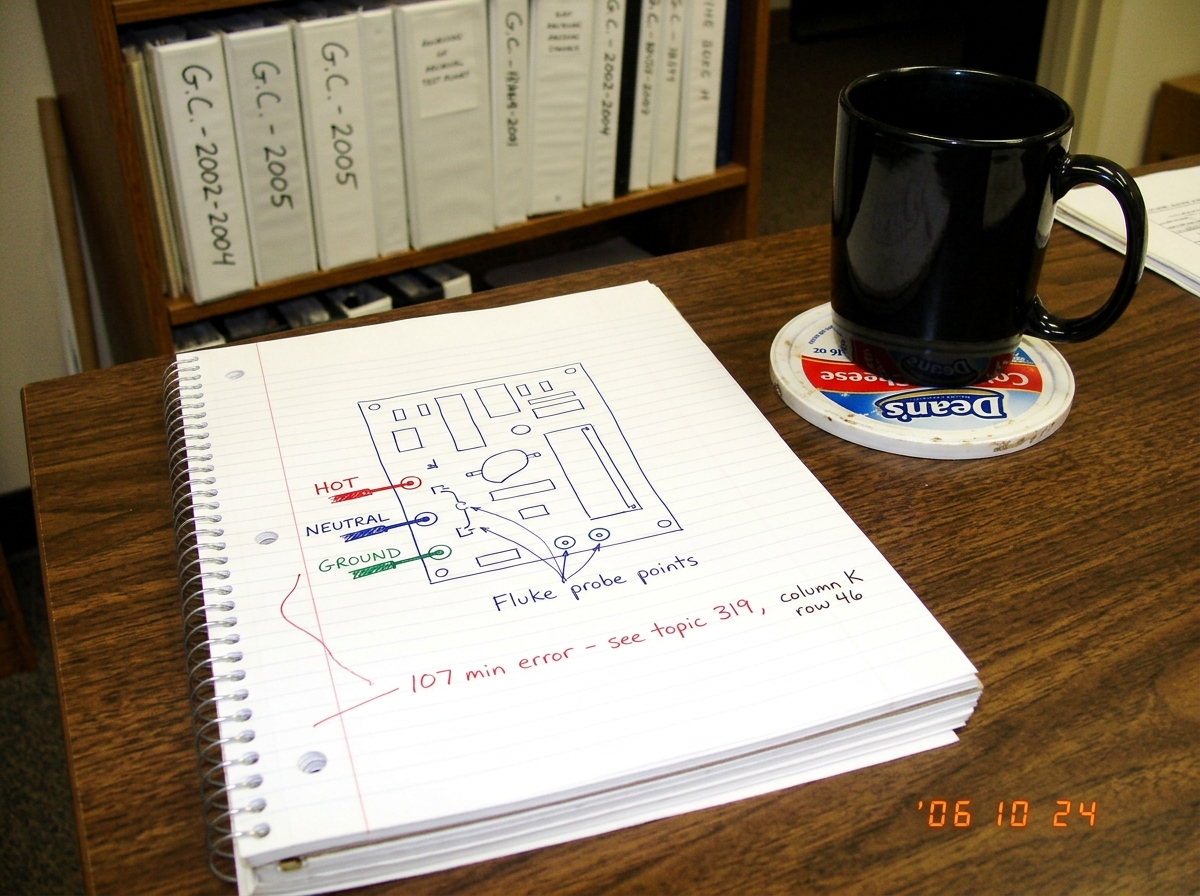 A photograph taken at a desk with an open spiral notebook showing a hand-drawn diagram comparing a Fluke meter probe placement diagram (hot/neutral/ground labeled in blue ink) next to a marginal note referencing 'column K row 46' with a timestamp arithmetic correction in red ink reading '107 min err