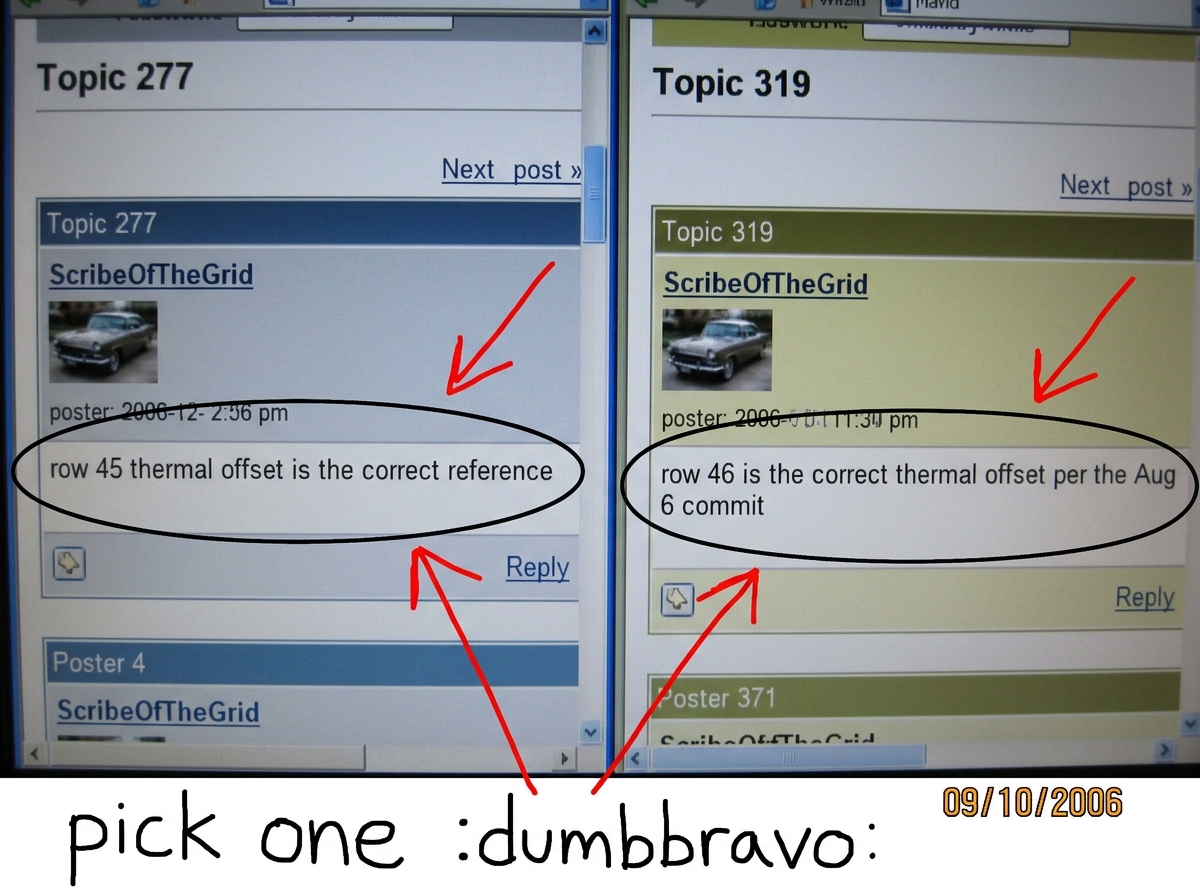 A screenshot of two forum posts side by side. Left one shows ScribeOfTheGrid posting 'row 45 thermal offset is the correct reference' in topic 277. Right one shows ScribeOfTheGrid posting 'row 46 is the correct thermal offset per the Aug 6 commit' in topic 319. Both are highlighted with red arrows a