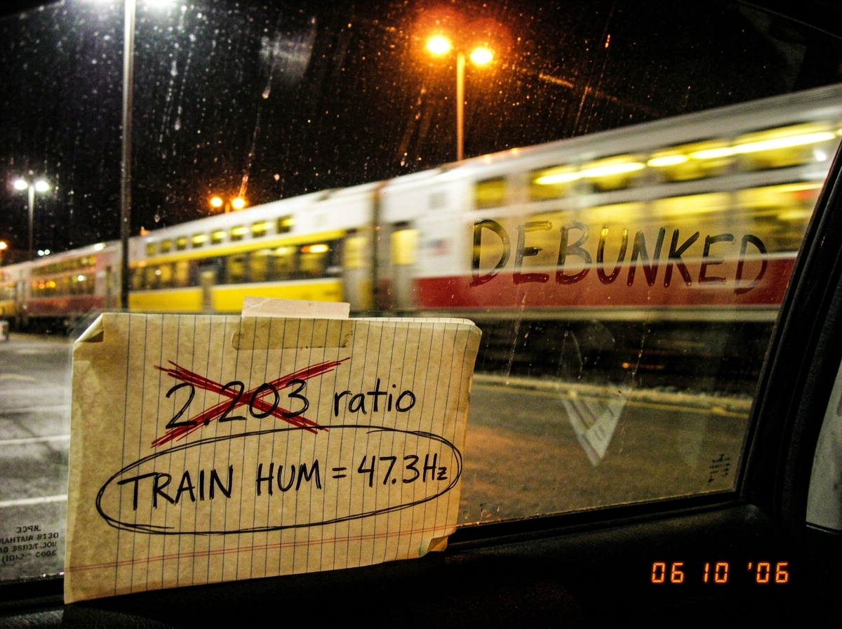A blurry photo of a commuter train passing by at night, with reflection on window. In the foreground, a piece of notebook paper with '2.203 ratio' written on it and crossed out in red, and below it 'TRAIN HUM = 47.3Hz' circled. On the train window itself, someone has written 'DEBUNKED' in condensati