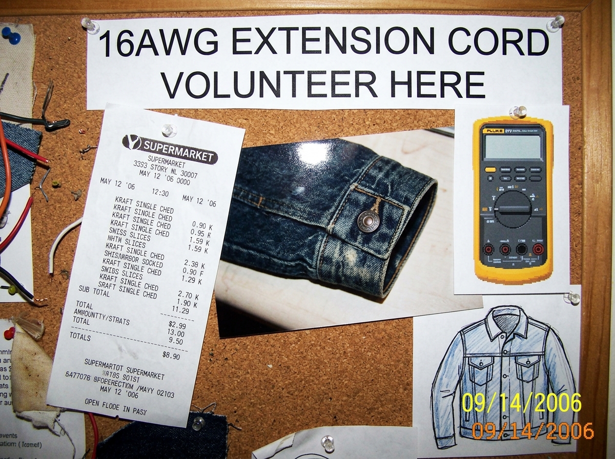 A shrine collage made from a cheese receipt, a cuff photo, and Fluke 87V clipart, titled '16AWG EXTENSION CORD VOLUNTEER HERE' with a tiny denim jacket drawn in the corner