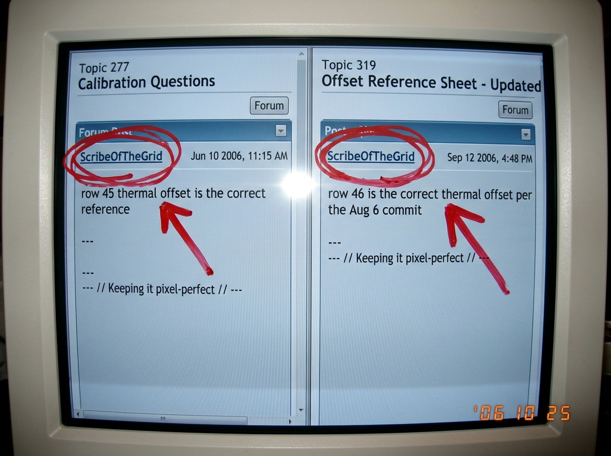A screenshot of two forum posts side by side. Left post from topic 277 shows ScribeOfTheGrid posting 'row 45 thermal offset is the correct reference'. Right post from topic 319 shows ScribeOfTheGrid posting 'row 46 is the correct thermal offset per the Aug 6 commit'. Both are highlighted with red ar