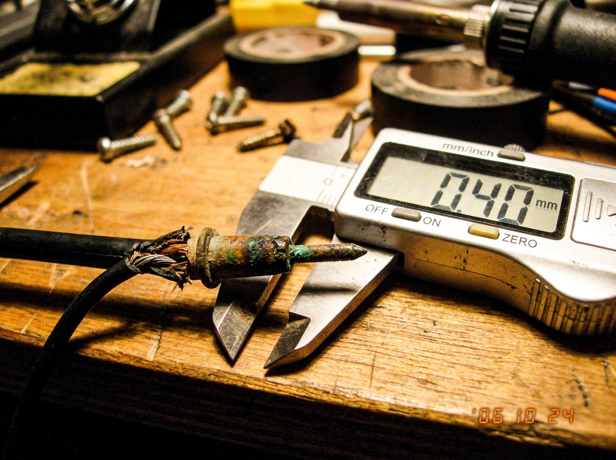A close-up of a multimeter probe with corroded tip and frayed insulation, sitting on a workbench next to a digital caliper reading 0.4mm