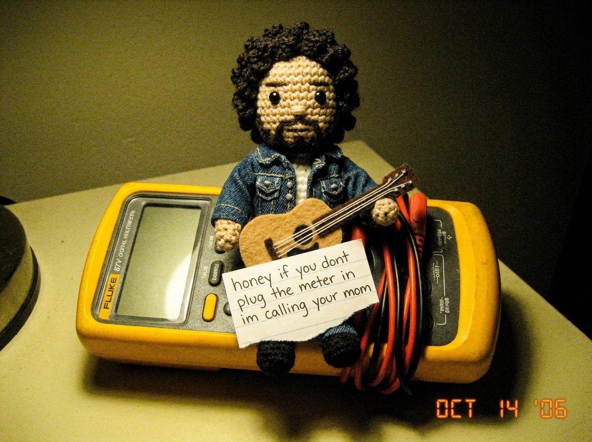A small crocheted Gabe-able doll wearing a tiny denim jacket sitting on top of a Fluke 87V digital multimeter, the needle-probe leads coiled neatly beside it, with a hand-written note that reads 'honey if you dont plug the meter in im calling your mom' tucked under the Gabe-able's little felt guitar