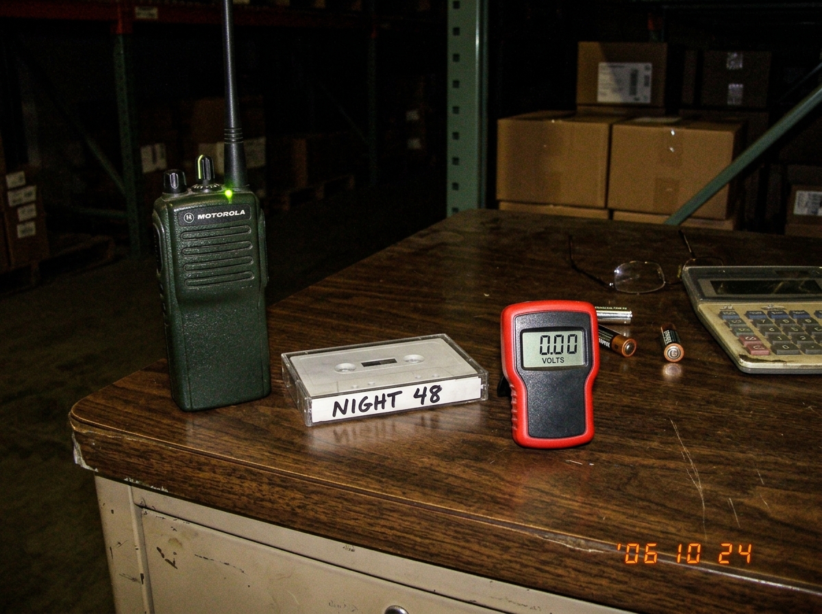 A green-glow walkie talkie on a warehouse desk at night, showing the faint green pulse LED flickering, next to a blank cassette tape labeled 'Night 48' in marker, and a small battery tester reading 0.00 volts