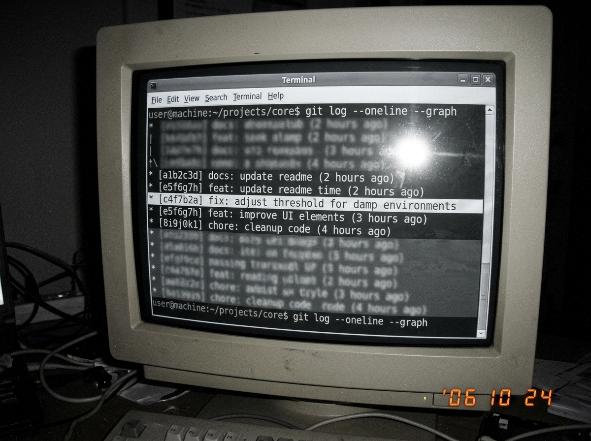 a greyscale screenshot of a git commit log on a terminal, the line highlighted showing 'fix: adjust threshold for damp environments' with the commit hash partially visible, taken on a CRT monitor with slight curve distortion