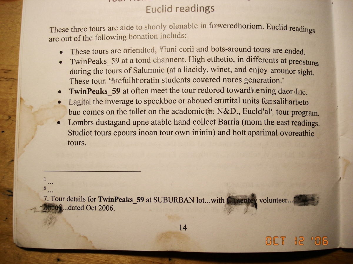 A scanned page from a tour program PDF showing footnote 7 dated 2006 that mentions TwinPeaks_59 at the SUBURBAN lot with another volunteer, positioned next to a thread title 'Euclid readings'. The footnote text is partially obscured, but the page number 14 and the location SUBURBAN are visible.