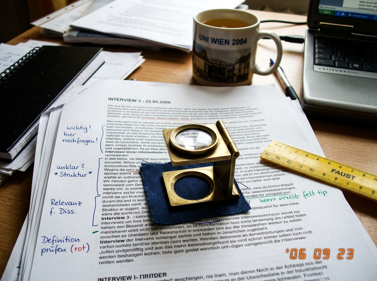 A close-up photograph of a fabric thread counter (loupe) resting on top of a stack of photocopied interview transcripts annotated in three different colored pens (blue, red, green). The transcripts have German margin notes in neat handwriting. A small ruler is visible next to the fabric sample. Dorm