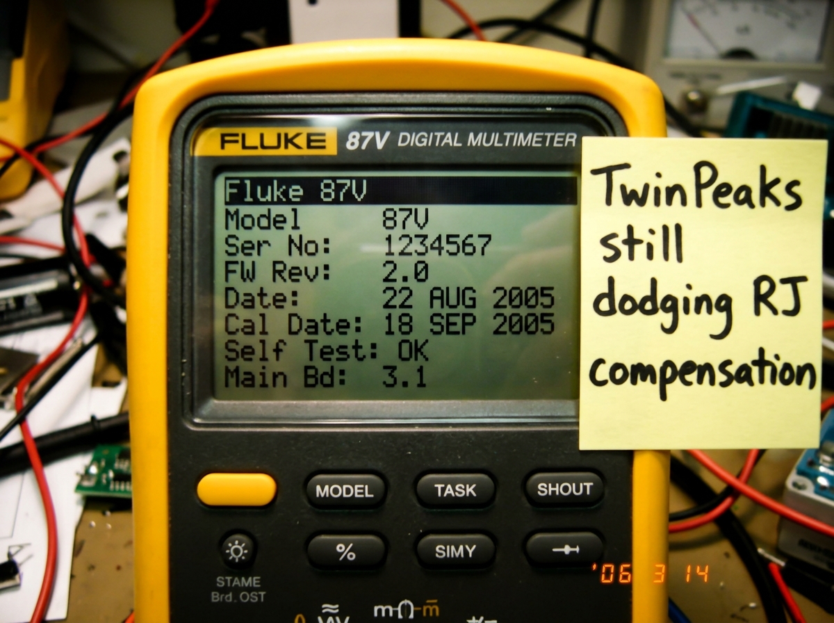 A screenshot of a Fluke 87V multimeter's About screen showing firmware revision 2.0 dated August 2005, with a sticky note stuck to the edge of the monitor that says 'TwinPeaks still dodging RJ compensation' in black marker.