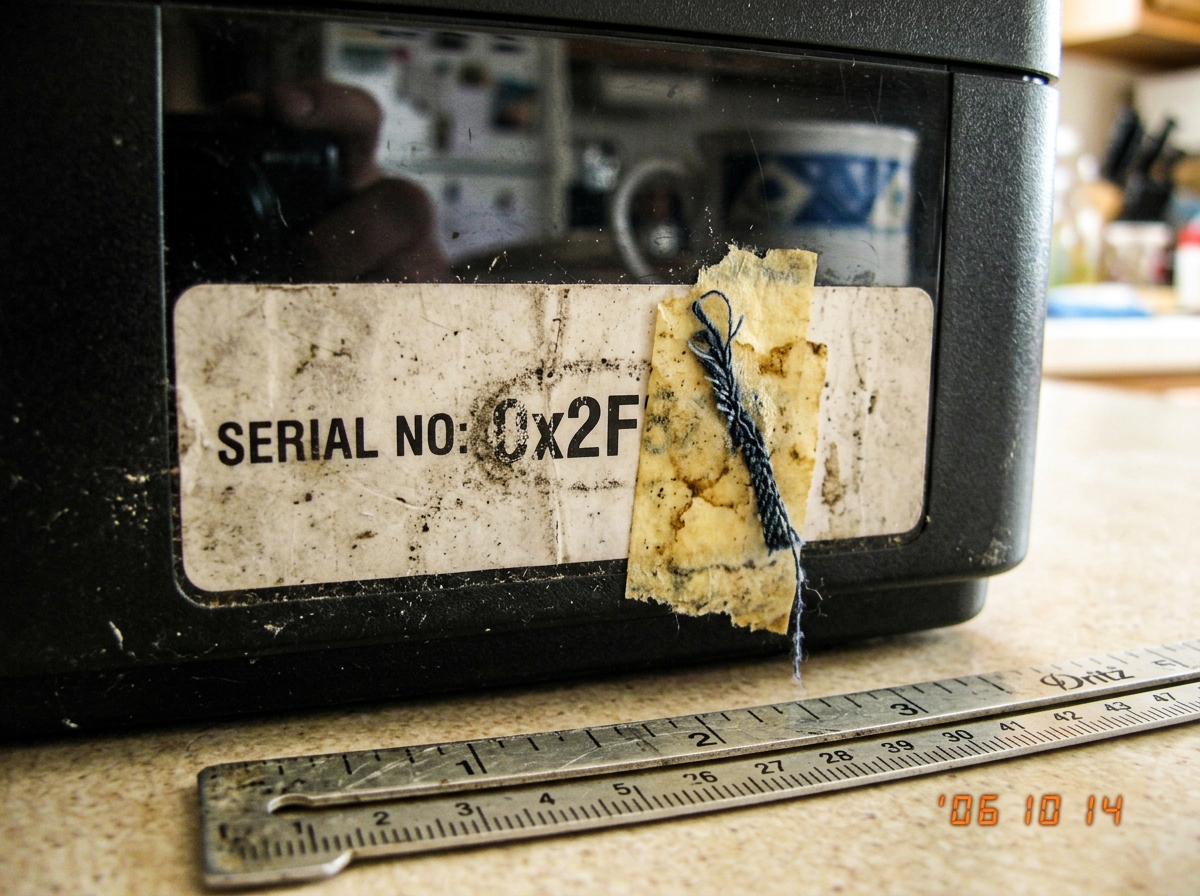 A close-up macro photo of a dusty printer serial label. A dried piece of tape holds a single loose blue denim thread next to the 0x2F marking on the label. A sewing gauge with 47 visible marks sits at the bottom of the frame. The photo is slightly out of focus and taken on a kitchen counter with a c